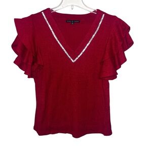 Zoey & Leelo Red Sweater Ruffled Short Sleeves Size Large